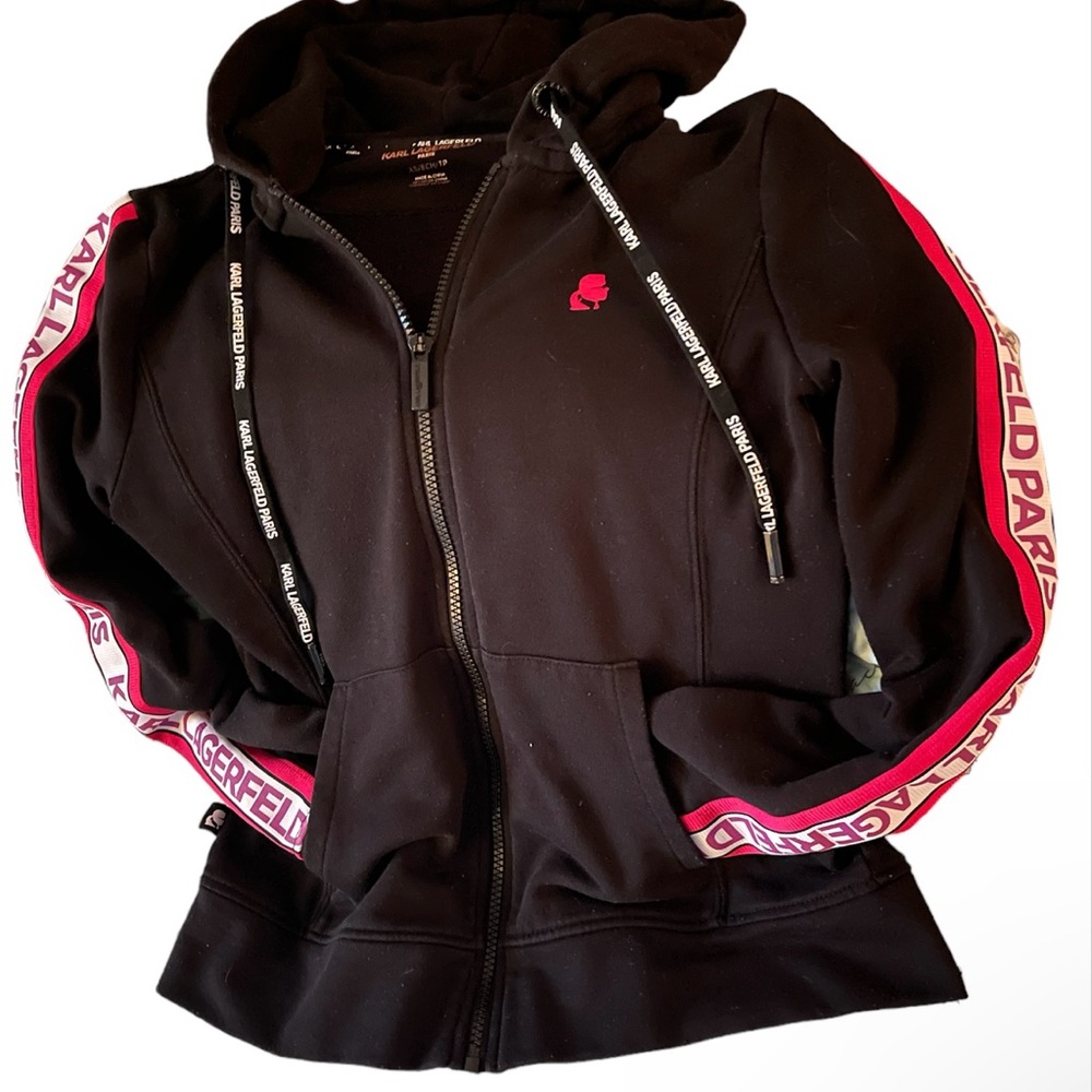 NWOT Karl Lagerfeld Hoodie Full Zip, Pockets Black & Pink Sz ladies XS/S - Picture 9 of 10